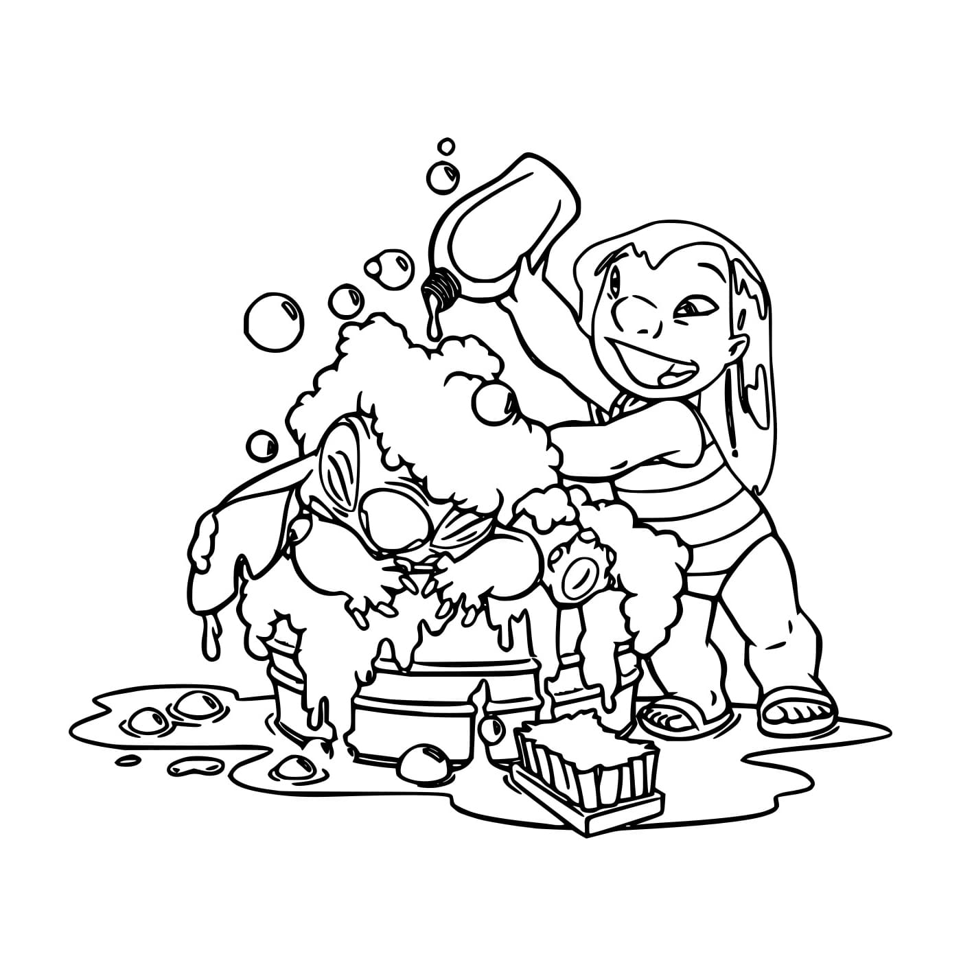 Desenho de Lilo da Banho em Stitch para Colorir