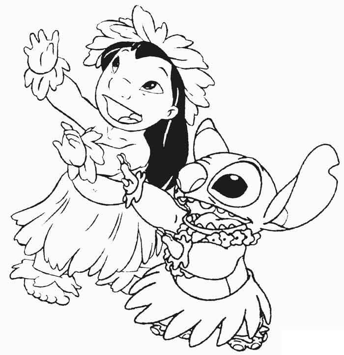 Desenho de Lilo e Stitch Dançando na Praia para Colorir