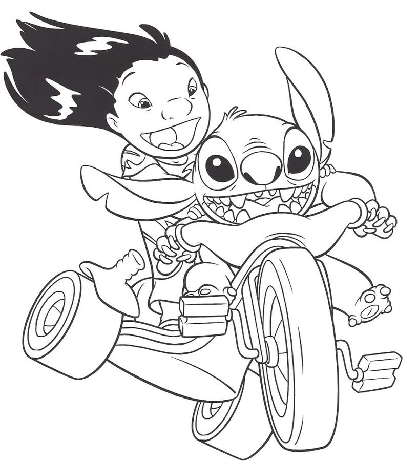Desenho de Lilo e Stitch em Aventurá com Triciculo para Colorir Grátis