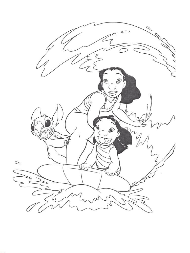 Desenho de Lilo e Stitch Surfando em Onda Gigante para Colorir