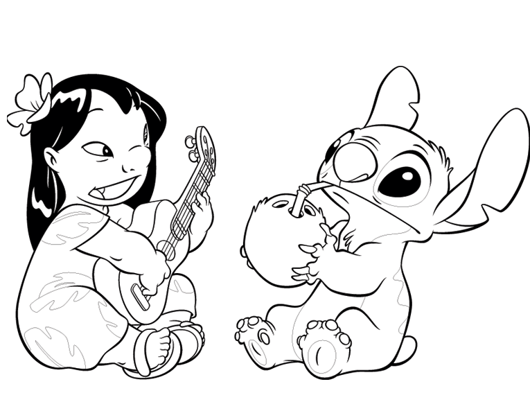 Desenho de Lilo Tocando Violão e Stitch Bebendo Água de Coço para Colorir