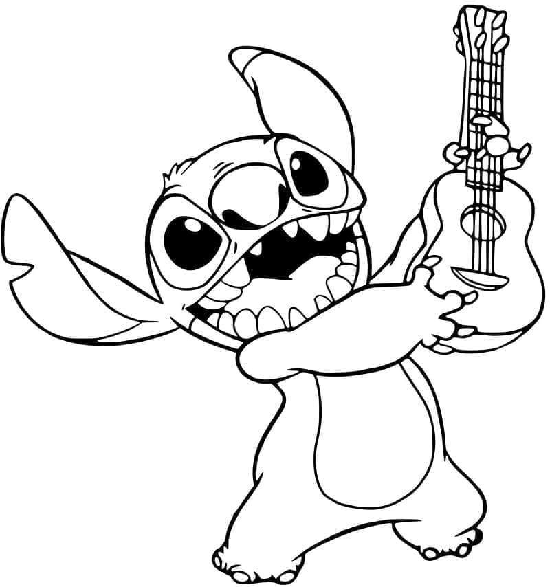 Desenho de Stitch e Guitarra para Colorir