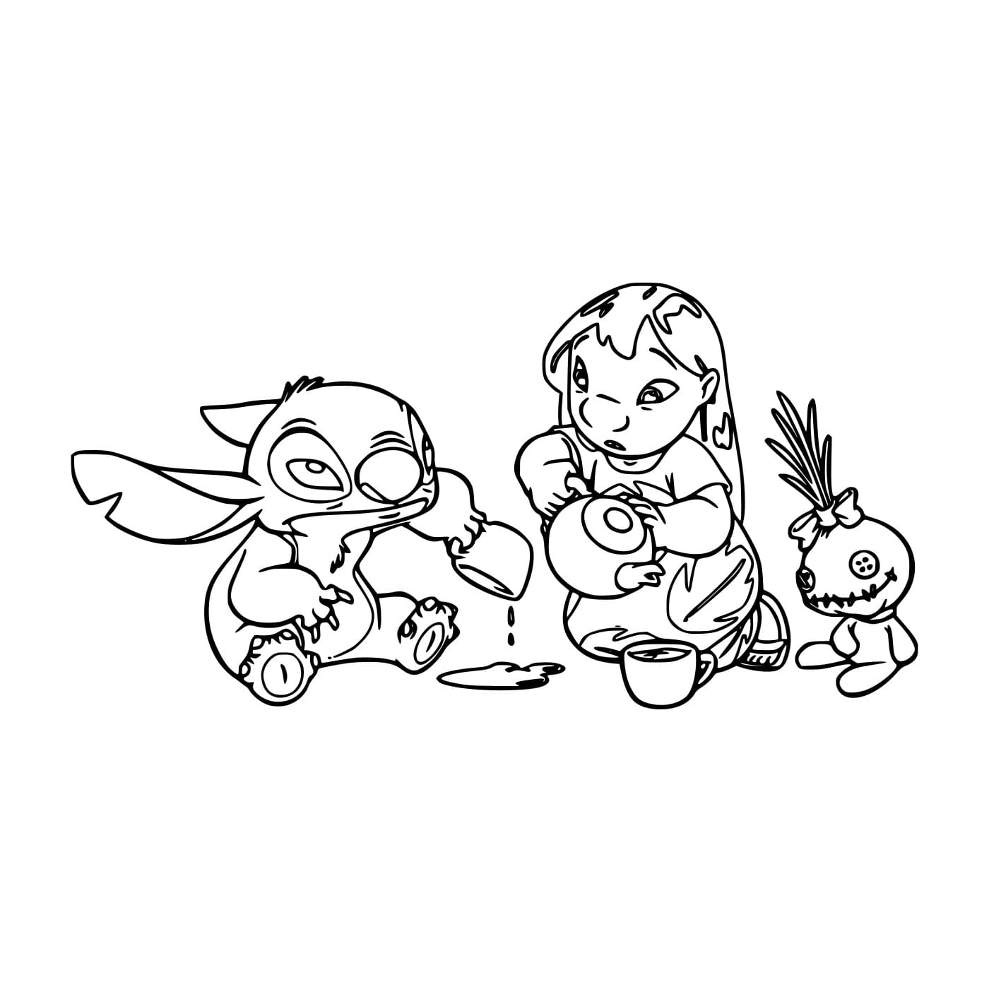 Desenho de Stitch e Lilo Bebendo Chã para Colorir