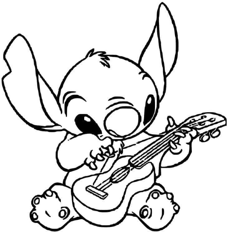 Desenho de Stitch Tocando Guitarra para Colorir