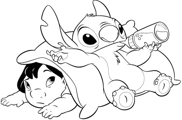 Desenho do Stitch Sê Alimentando e Deitado em Cima de Lilo para Colorir