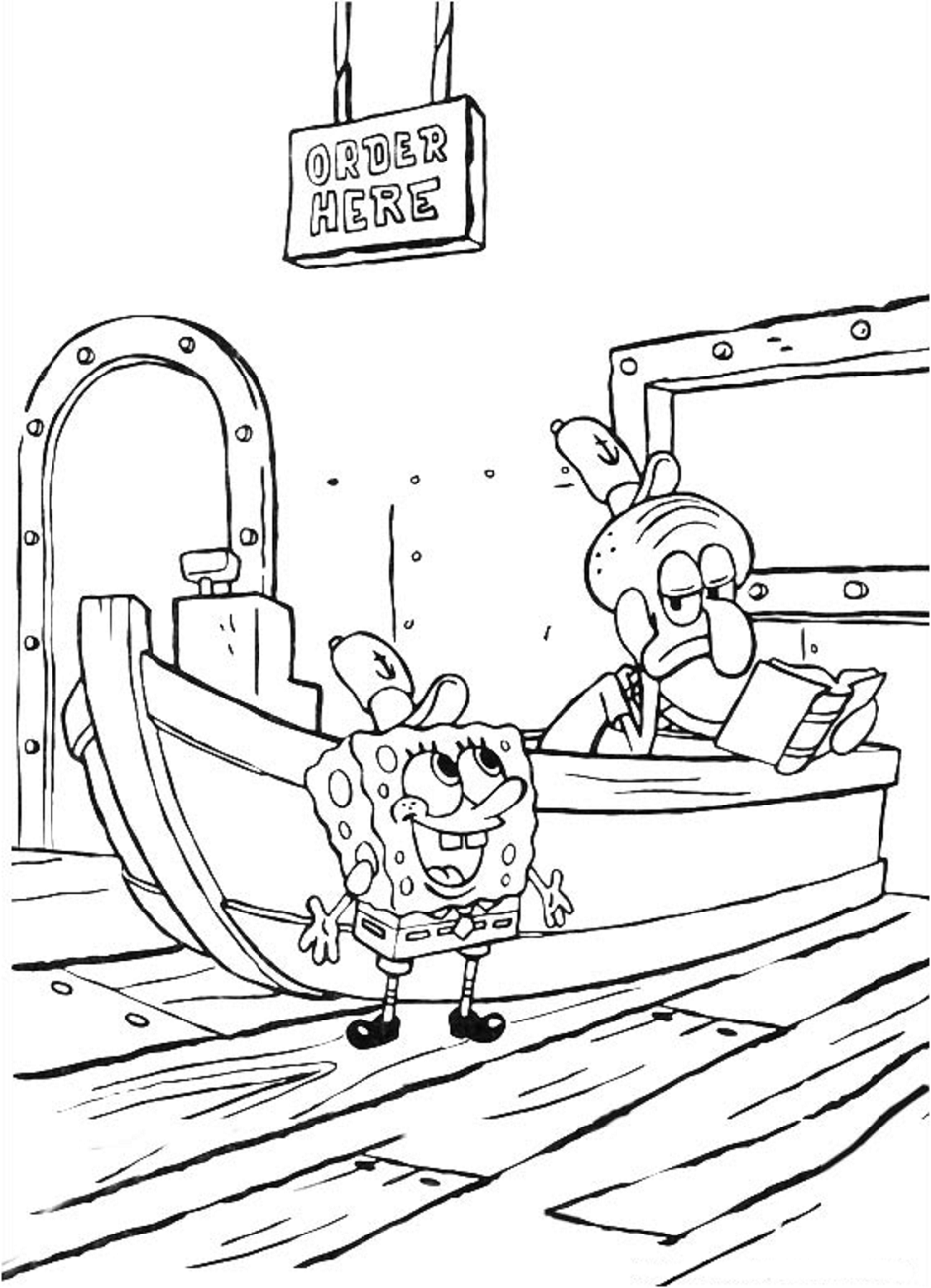 Desenho de Bob Esponja e Lula Molusco Trabalhando no Siri Cascudo para Pintar