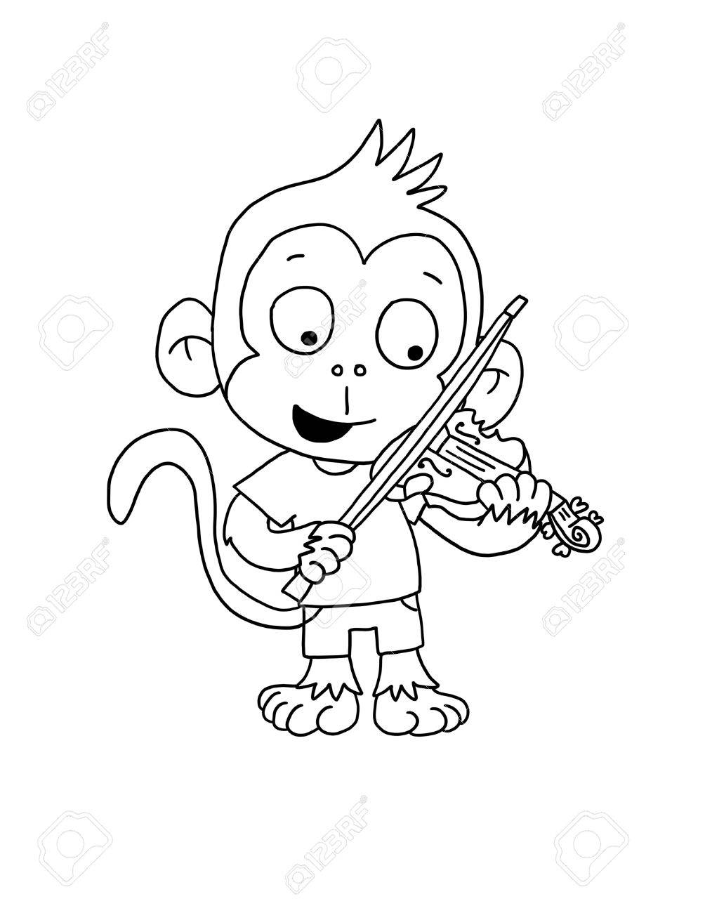 Desenho de Macaco Pequeno Tocando Violino na Floresta para Colorir