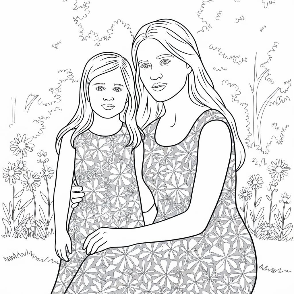 Desenho de Filha com Mãe para Colorir
