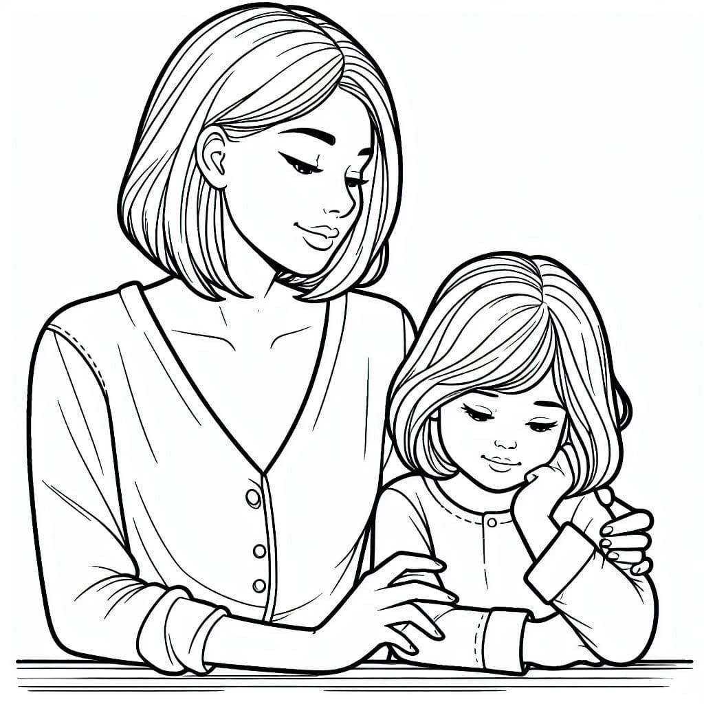 Desenho de Imprimivel Mãe e Filha para Colorir