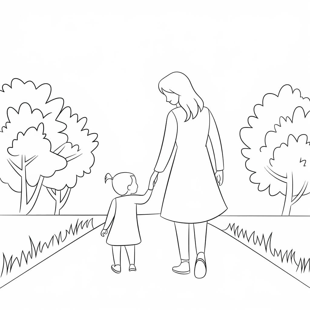 Desenho de Mãe e Filha Caminhando para Colorir