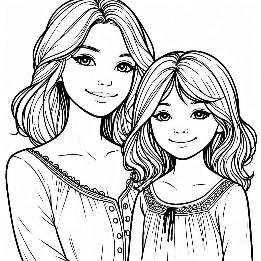 Desenho de Mãe e Filha Imprimivel Grátis para Colorir
