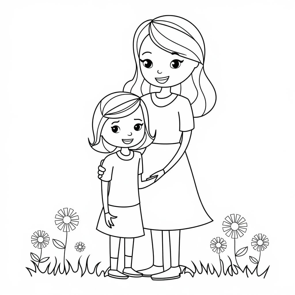 Desenho de Mãe e Filha Imprimivel para Colorir