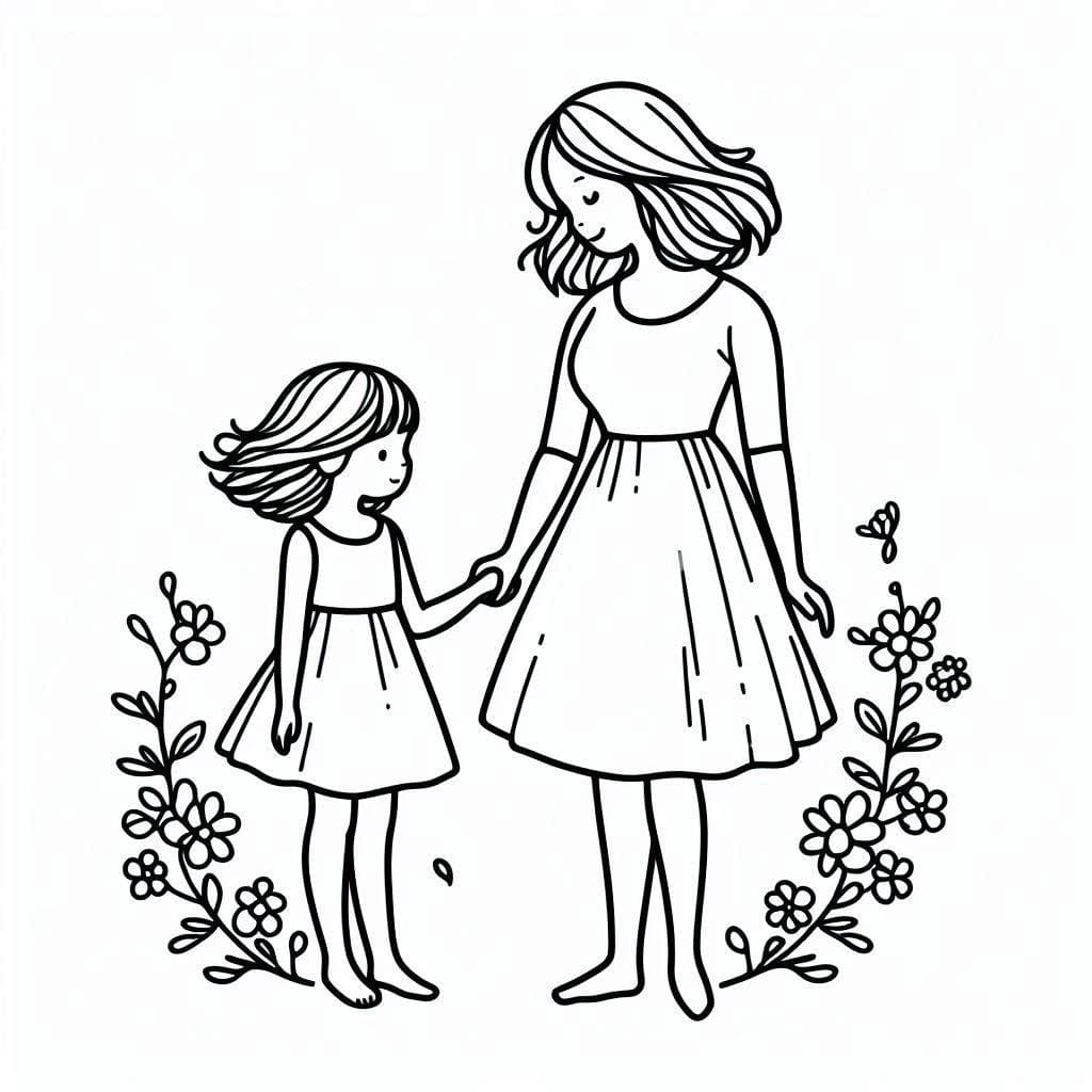 Desenho de Mãe e Filha para Crianças de 2 Ano para Colorir