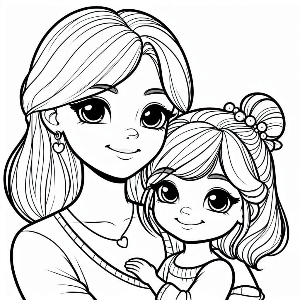Desenho de Mãe e Filha para Crianças para Colorir