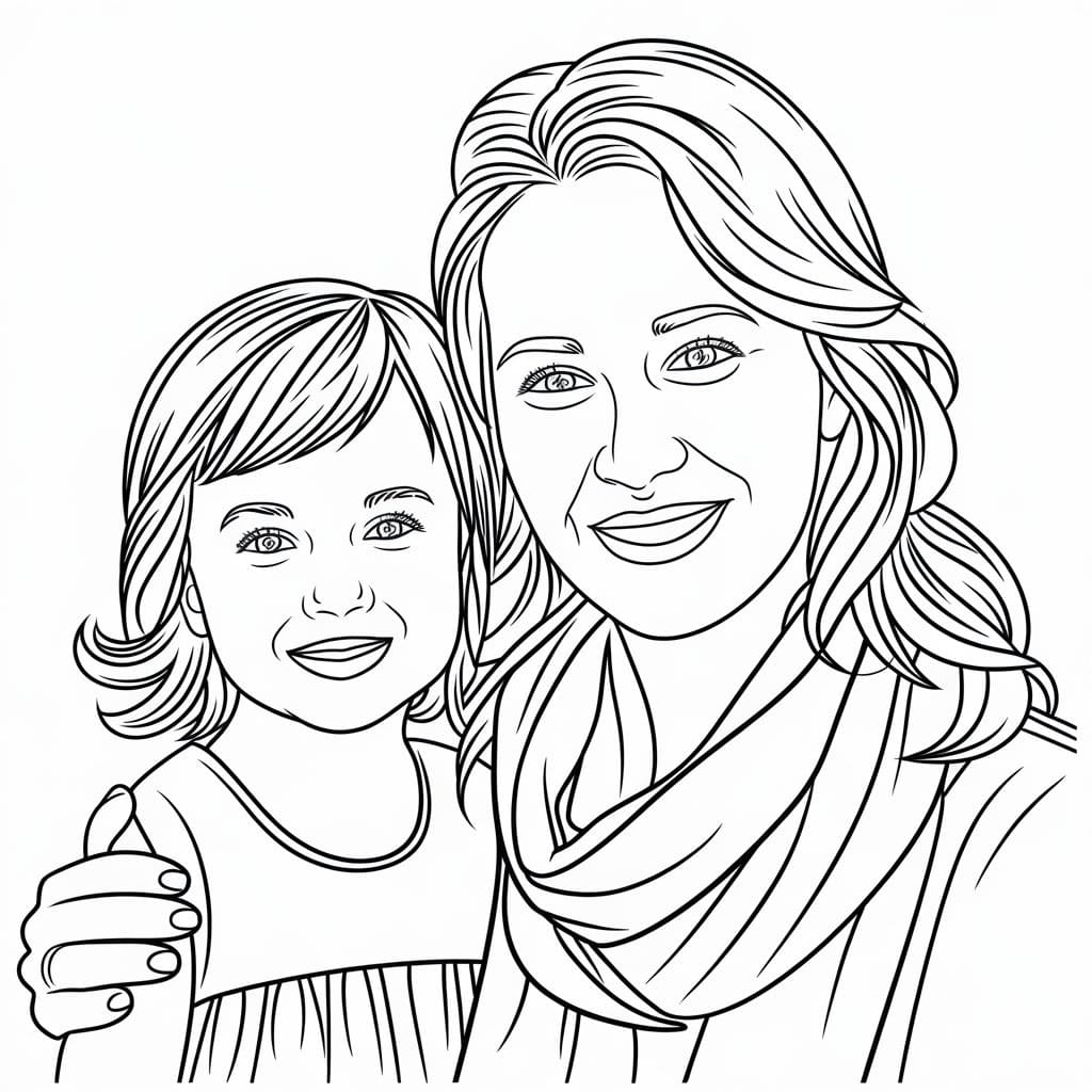 Desenho de Mãe e Filha Realistas para Colorir