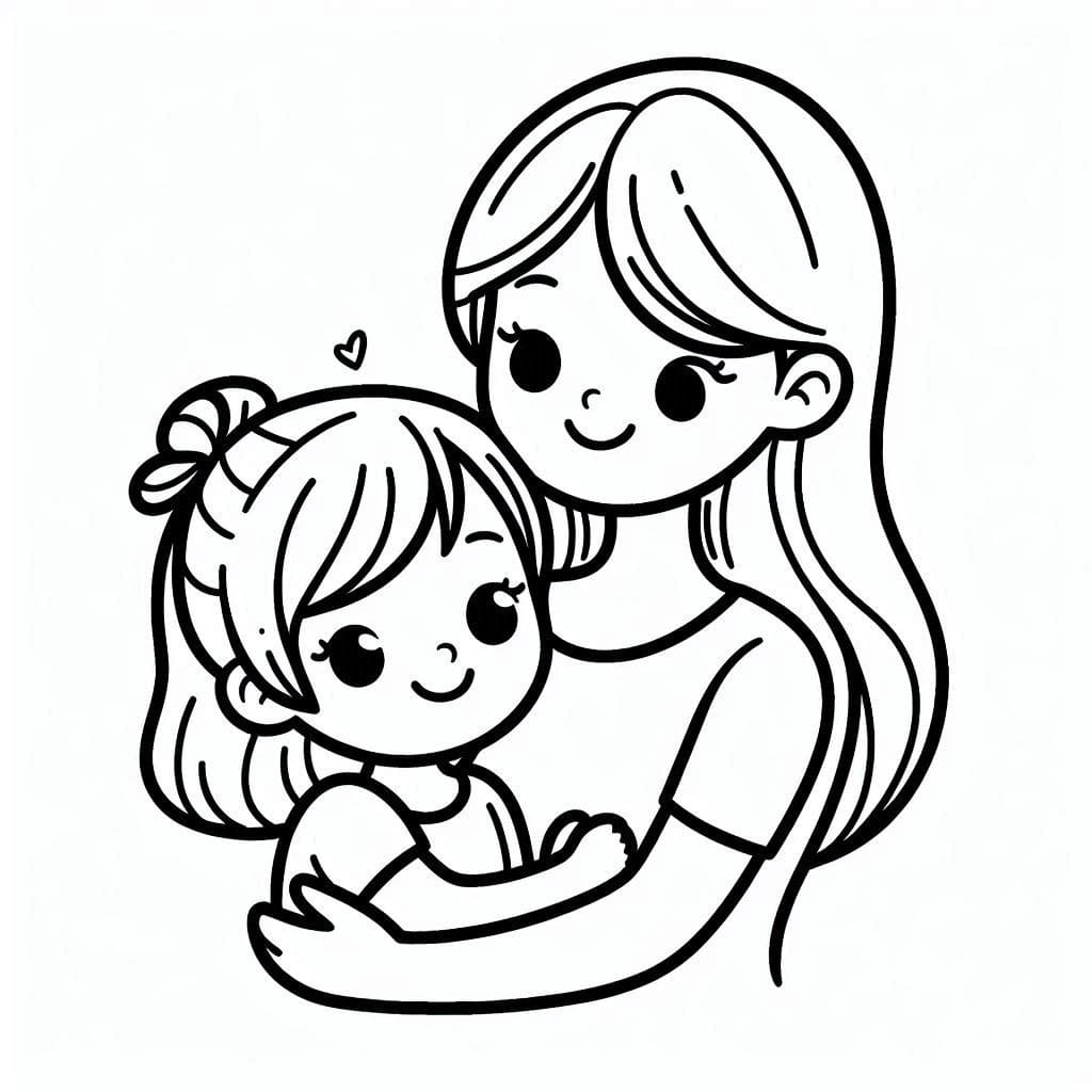 Desenho de Mãe e Filha Sorrindo para Colorir
