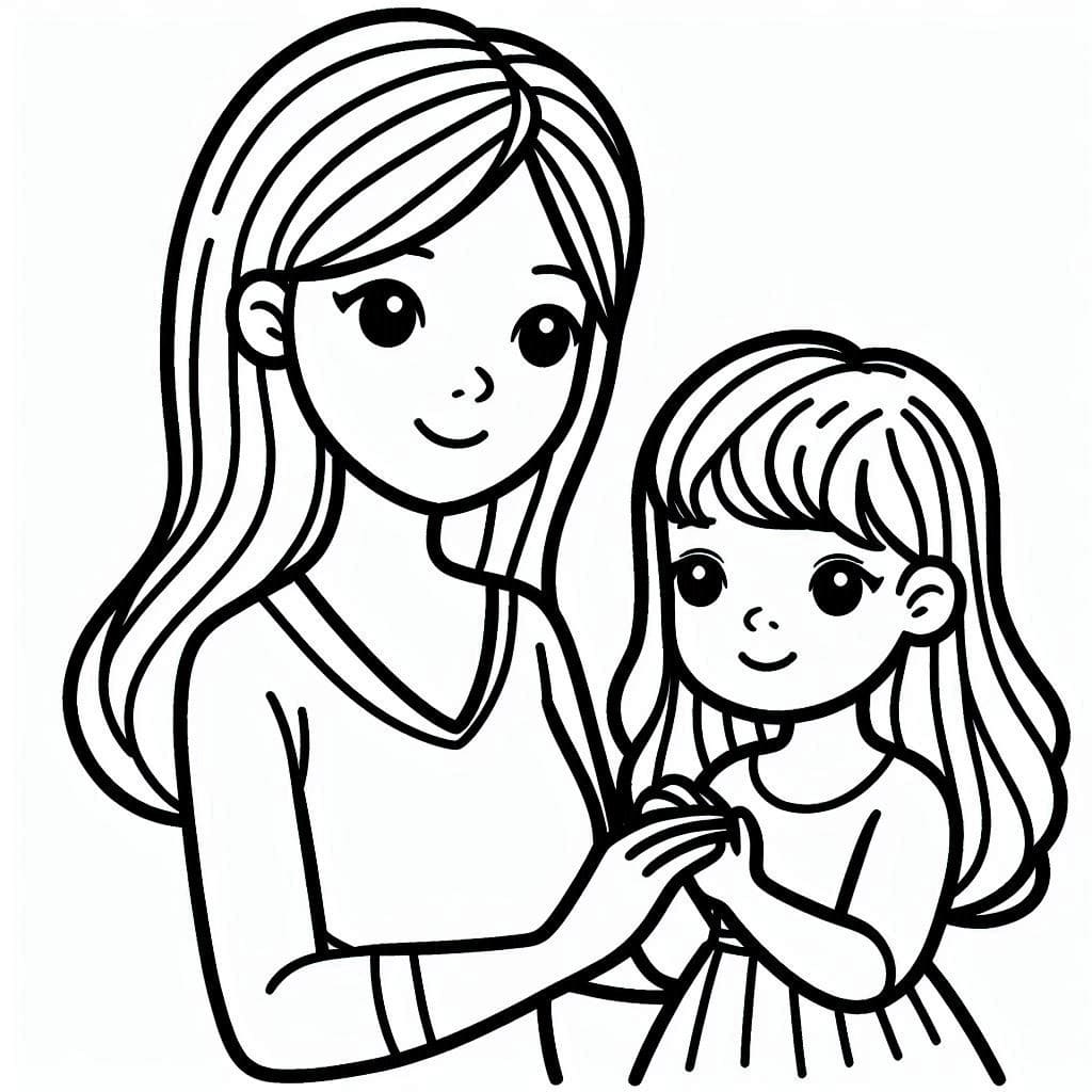 Desenho de Mãe e Filha São Adoráveis para Colorir