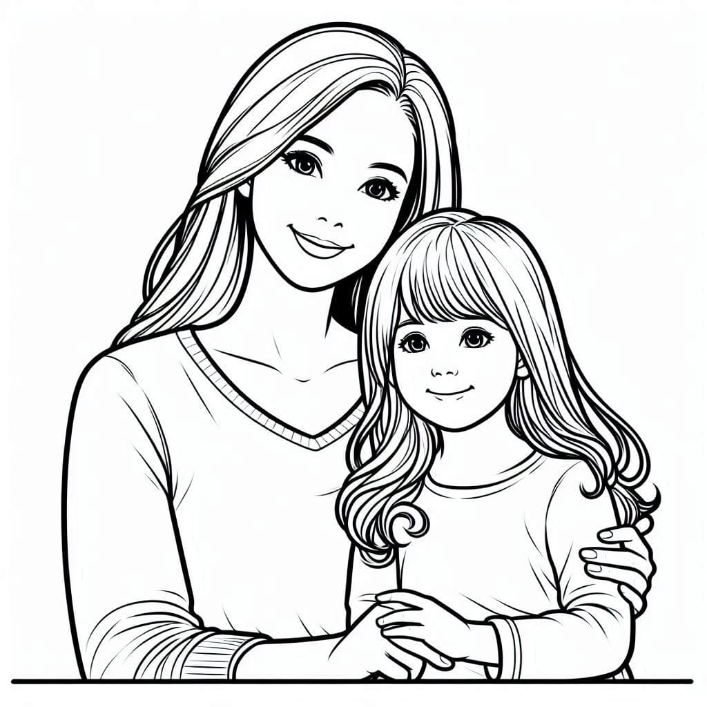 Desenho de Pintura de Mãe e Filha para Colorir