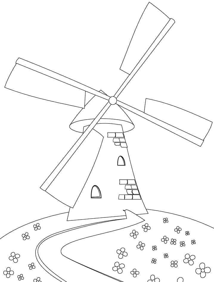 Desenho de Moinho de Vento com Campo para Colorir