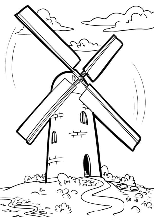 Desenho de Moinho de Vento em Campo de Trigo para Colorir