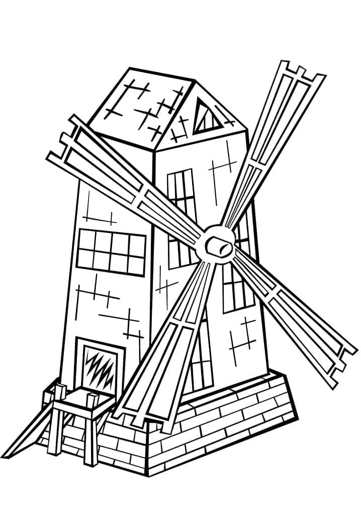 Desenho de Moinho de Vento em Colina para Colorir