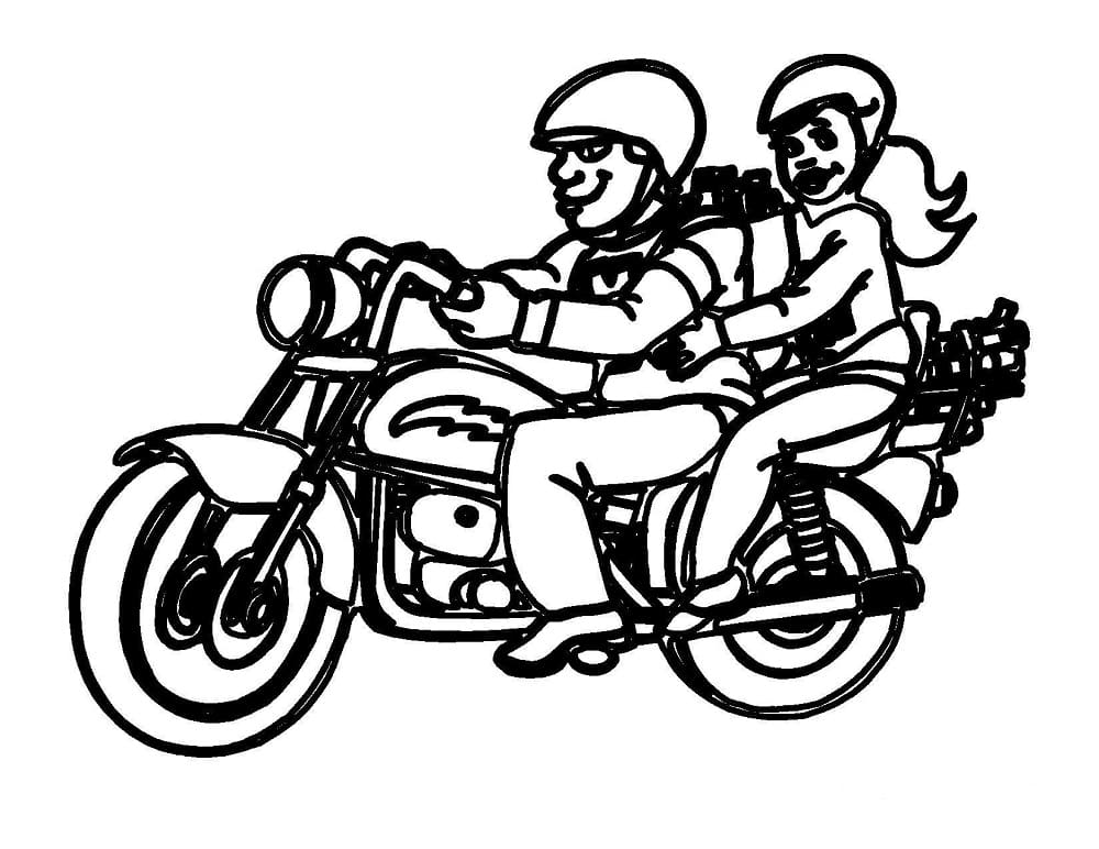 Desenho de Casal em uma Moto para Colorir