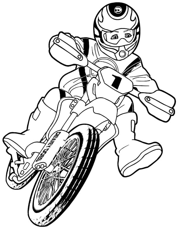 Desenho de Menino Pilotando Moto em Corrida para Colorir