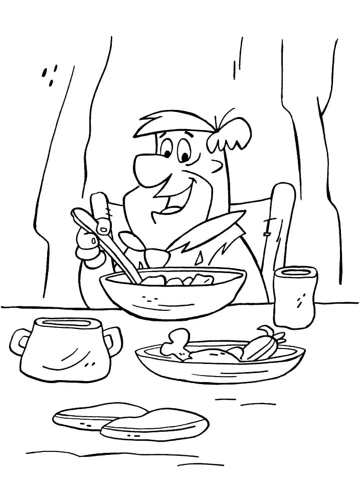Desenho de Fred Flintstone Tomando Café da Manhã para Colorir