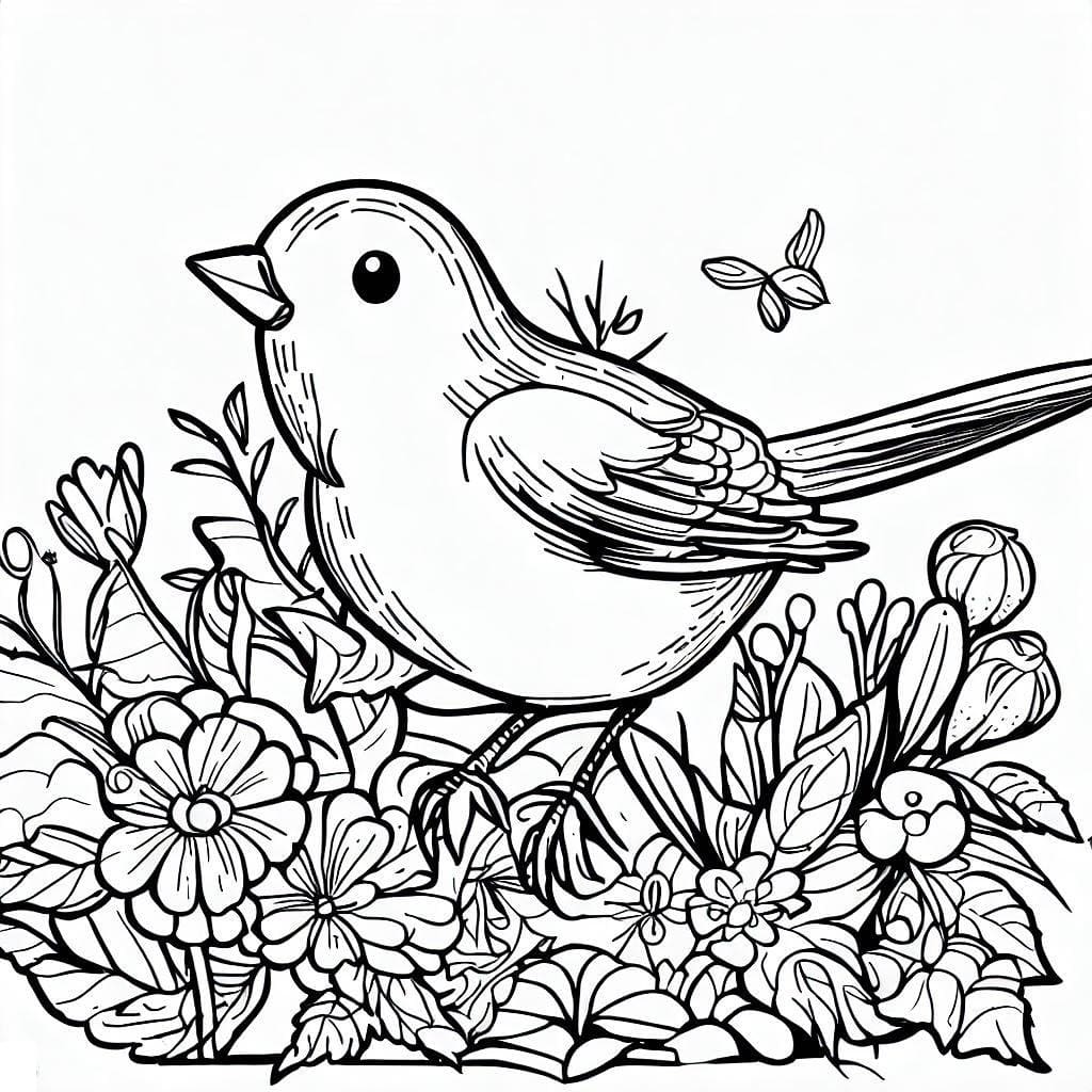 Desenho de Pássaro Bonito no Jardim para Colorir