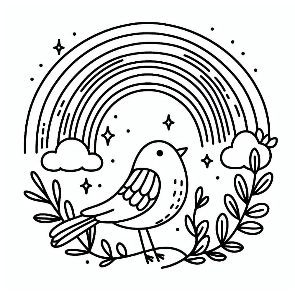 Desenho de Pássaro com Arco Íris para Colorir