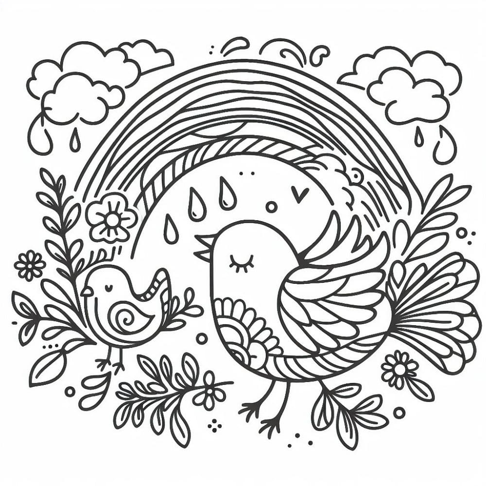 Desenho de Pássaros com Arco Íris para Colorir