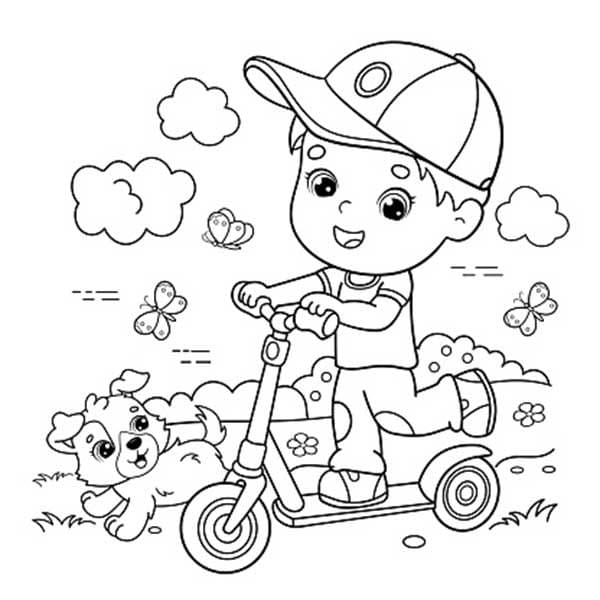 Desenho de Menino no Patinete para Colorir