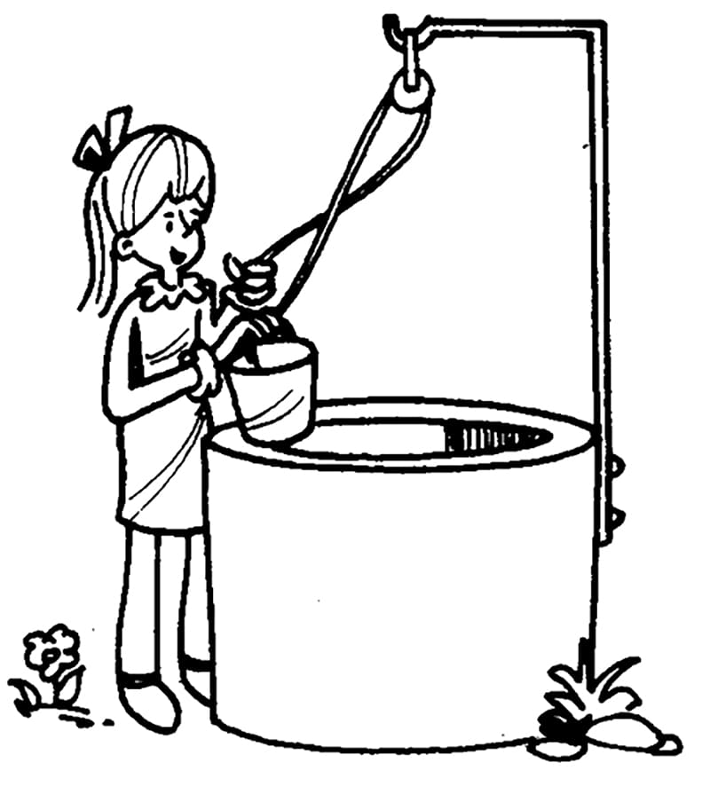 Desenho de Menina Pegando Água no Poço para Colorir