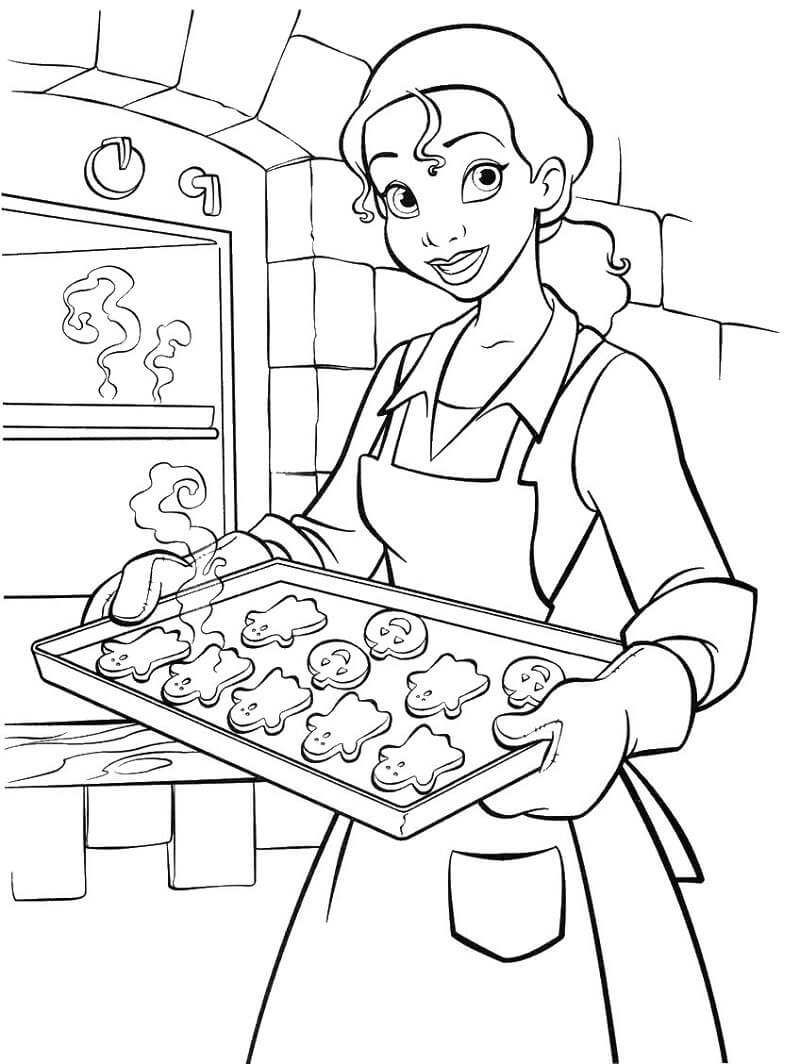 Desenho de Princesa Tiana Cozinhando Biscoitos Pdf para Imprimir e Colorir