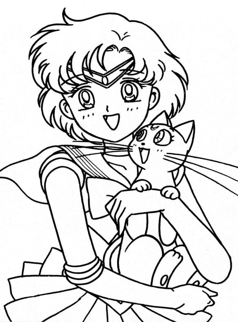 Desenho de Sailor Mercury para Pintar com Lápis de Cor