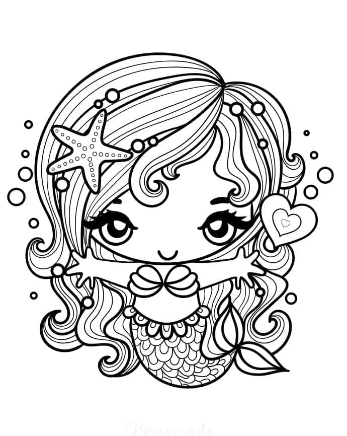 Desenho de Sereia Kawaii para Colorir