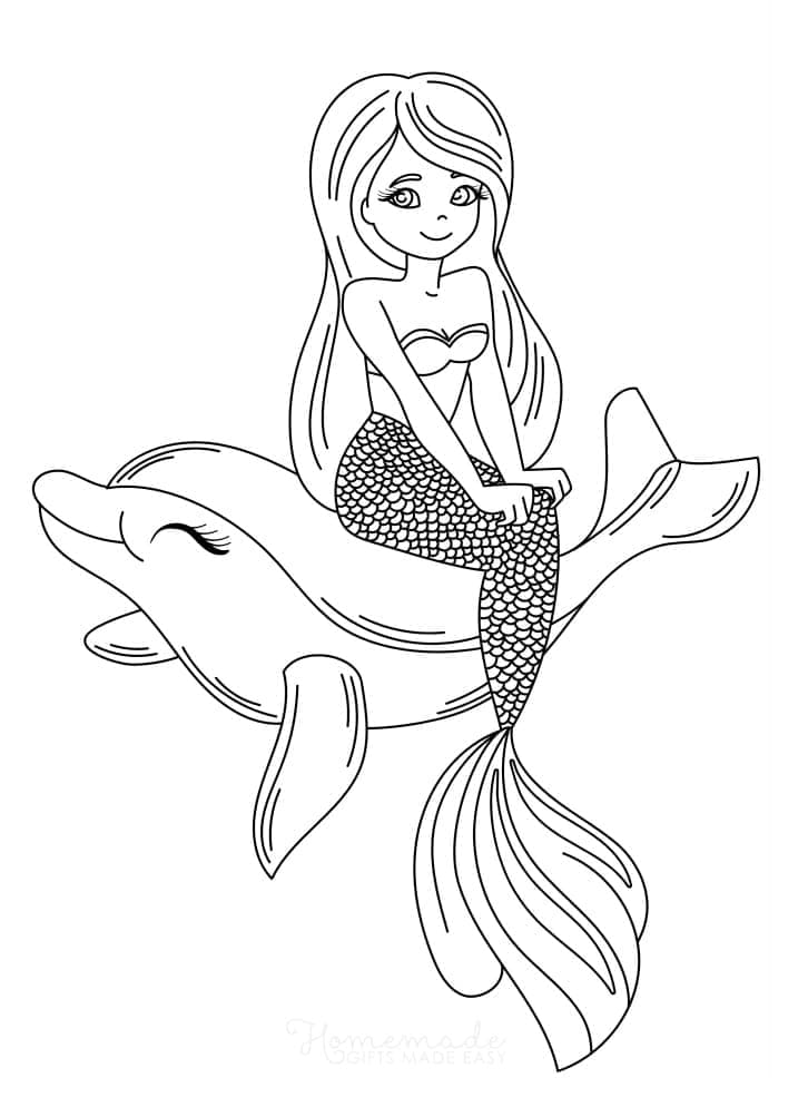 Desenho de Sereia com Golfinho para Colorir