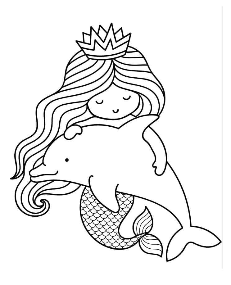 Desenho de Sereia com um Golfinho para Colorir