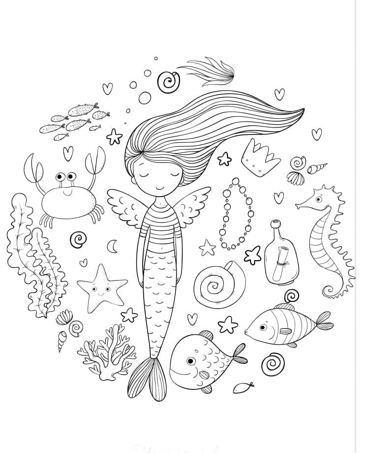 Desenho de Sereia e Animais Marinhos para Colorir