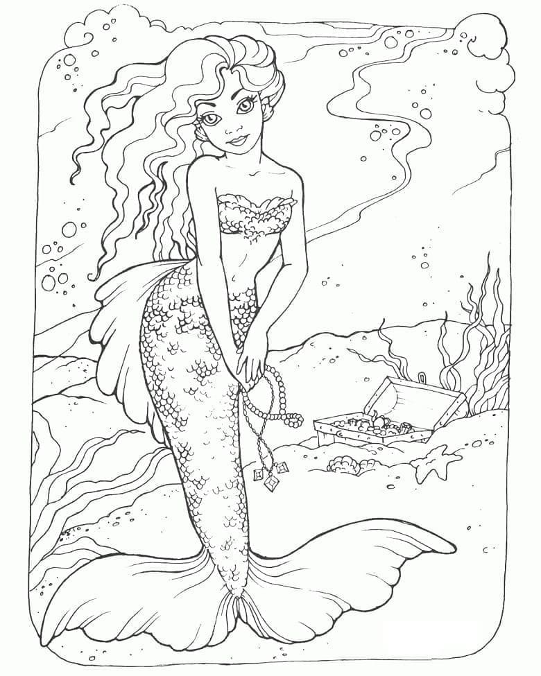 Desenho de Sereia no Fundo do Mar para Colorir