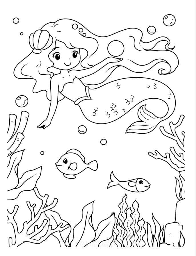 Desenho de uma Sereia no Fundo do Mar para Colorir