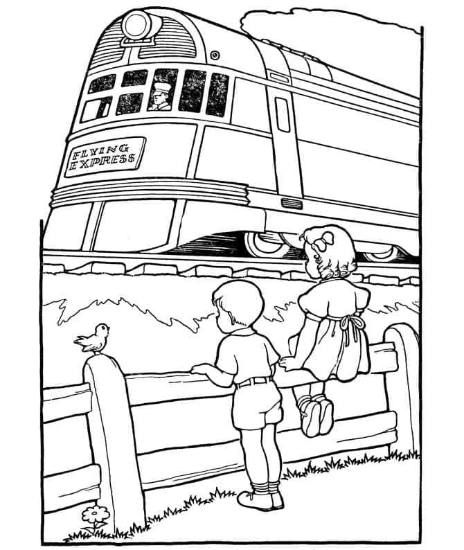 Desenho de Crianças Assistindo Trem para Colorir