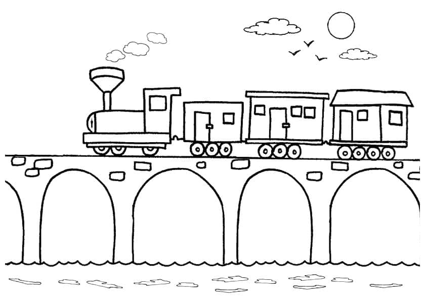 Desenho de Trem na Ponte para Colorir