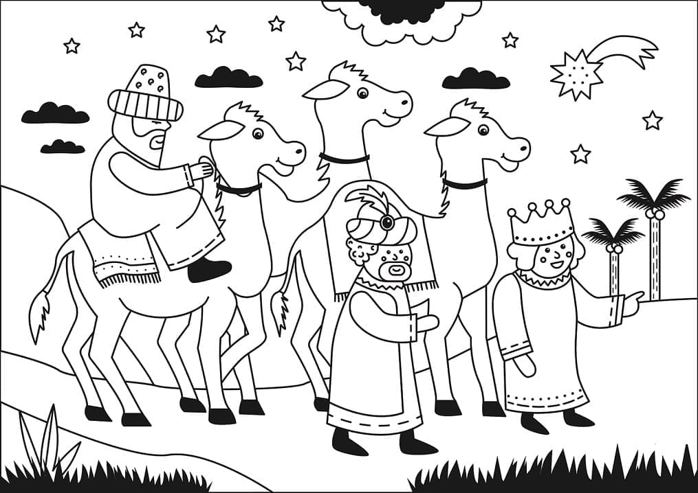 Desenho de Três Réis Magos da Bíblia para Pintar com Lápis de Cor