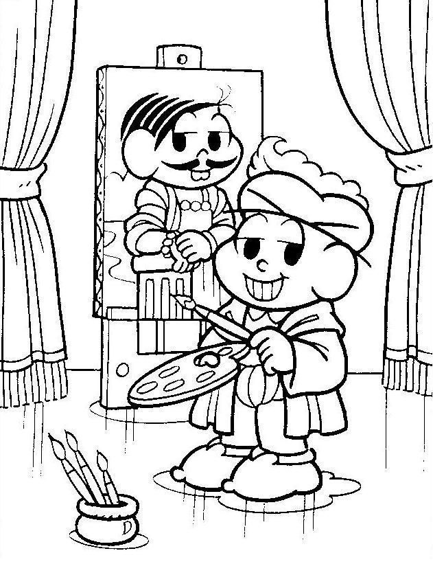 Desenhos de Cebolinha Pintando Quadro Incrível de Turma da Monica para Colorir