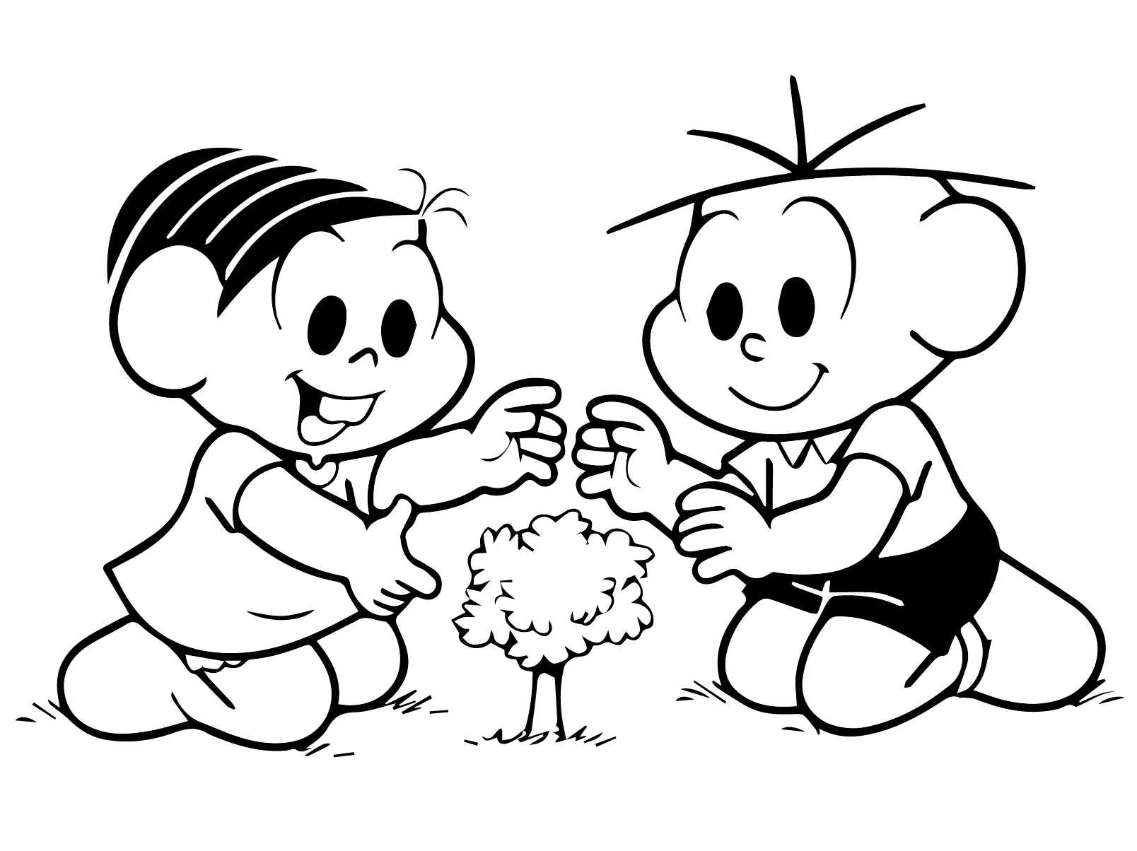 Desenhos de Monica e Cebolinha Plantando Árvore para Colorir