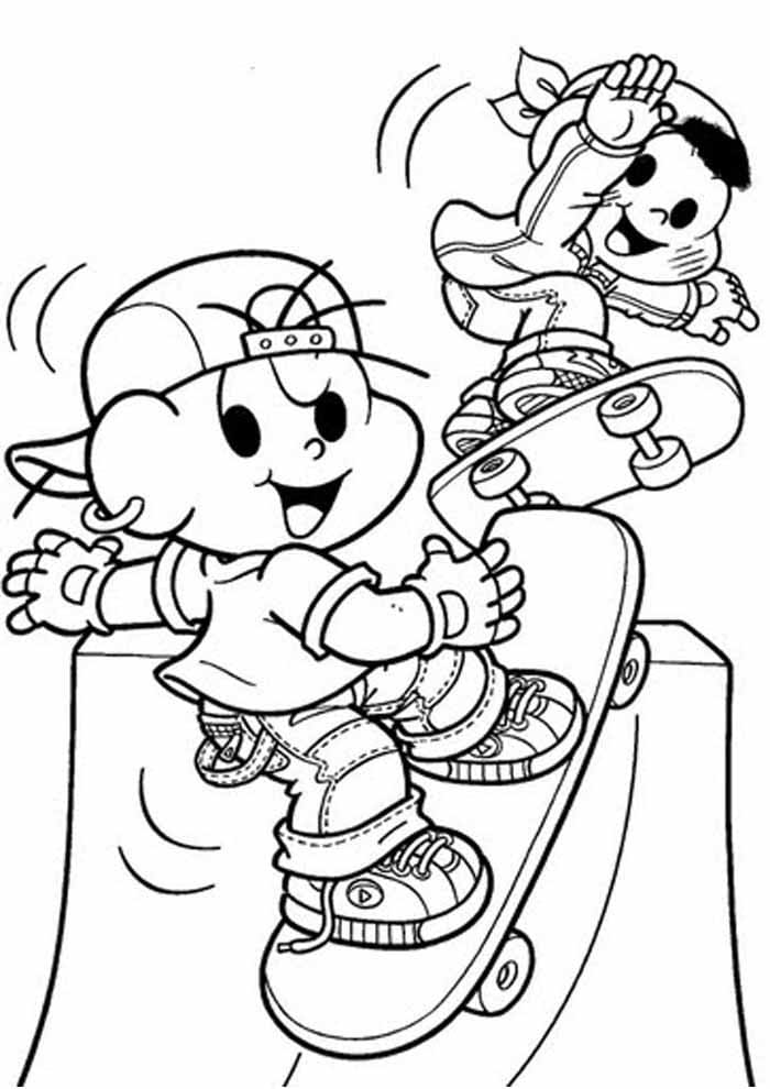 Desenho Cebolinha e Cascão da Turma da Monica Andando de Skate para Colorir