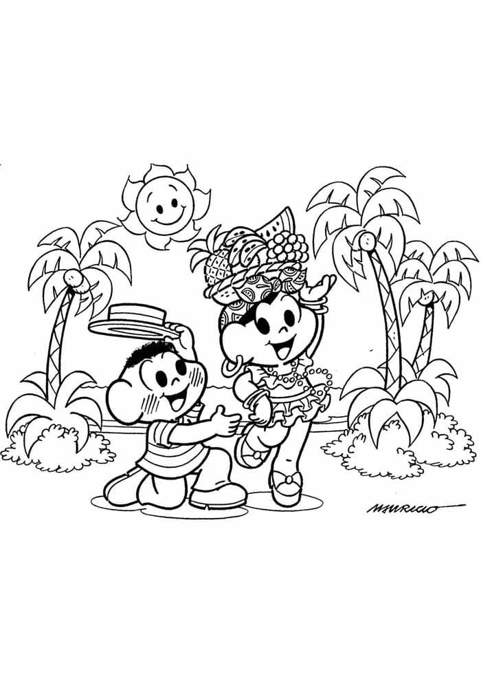 Desenho da Magali e Monica de Férias na Praia Turma da Monica para Colorir