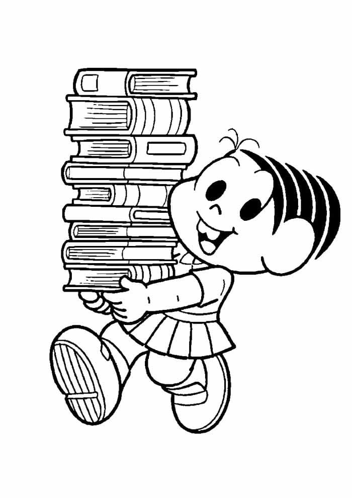 Desenho da Monica Carregando Muitos Livros na Escola para Colorir em Pdf