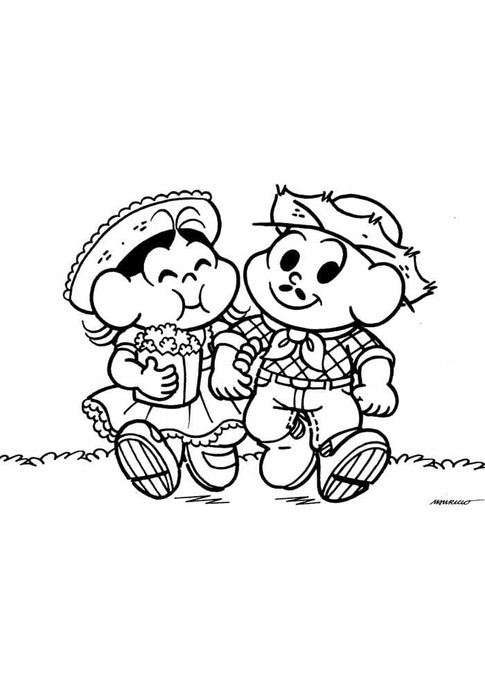 Desenho da Turma da Monica em Festa Junina com Comidas Deliciosas para Colorir